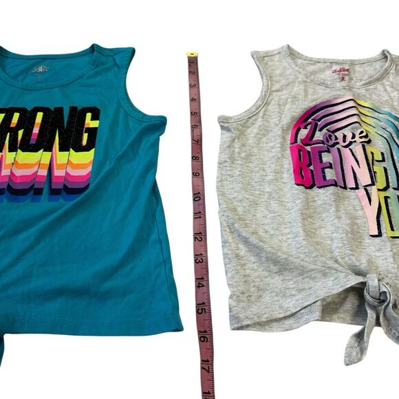 Justice Girls Set of 2 Graphic Tank Tops Sz S 7/8 Blue Gray Multicolor Tie Up - Picture 3 of 6